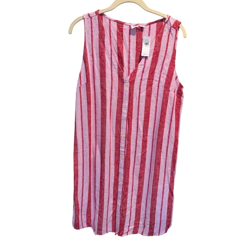 GAP Pink Red Stripe Linen Blend Sleeveless Button Front Dress Midi Size M NWT